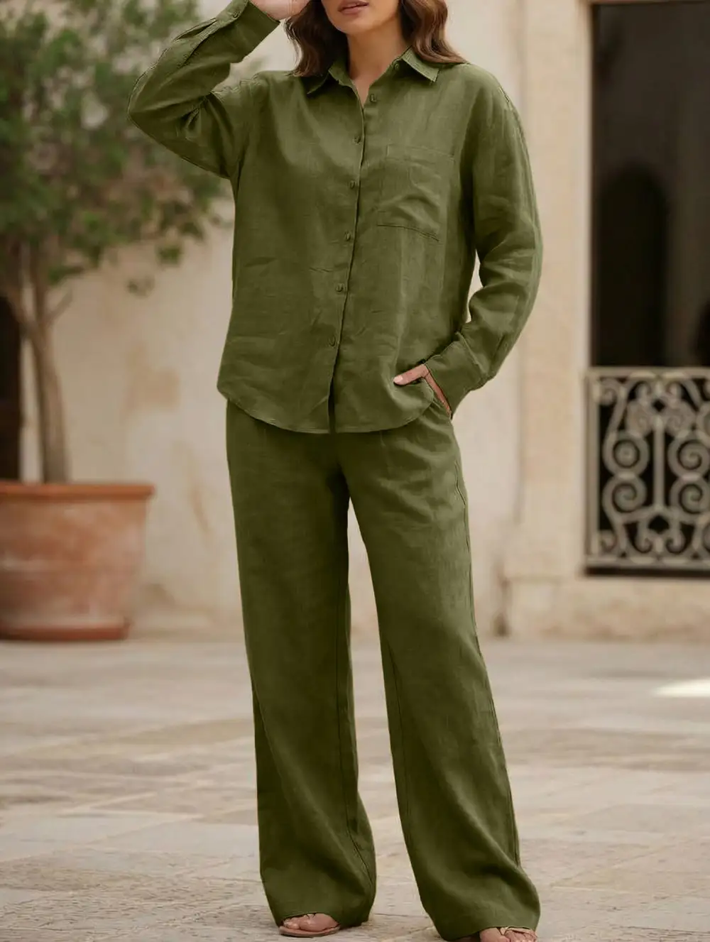Shirt and Loose Wide-Leg Pants Suit