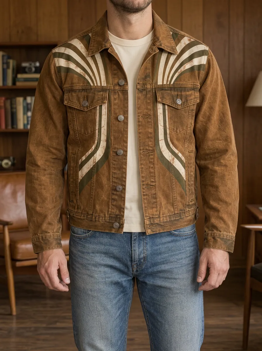 Men's Vintage Western Retro Striped Printed Denim Jacket