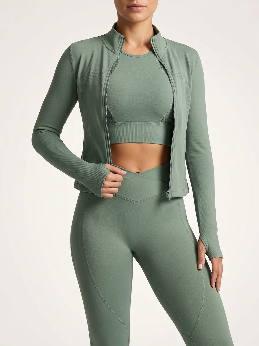Streetwear Ribbed Texture Seamless Design Fit Women's Three Piece Activewear Set