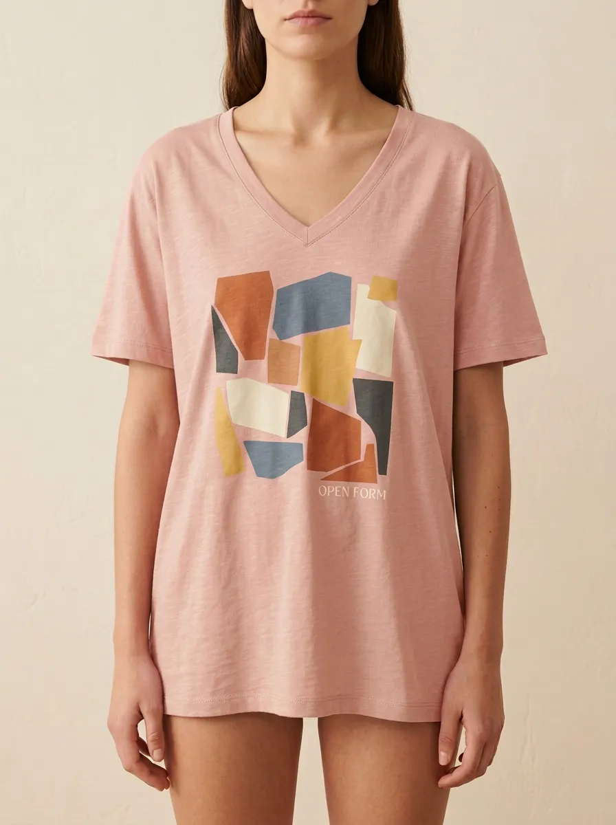 Women's Abstract Geometric Art Open Form Printed V-Neck T-Shirt