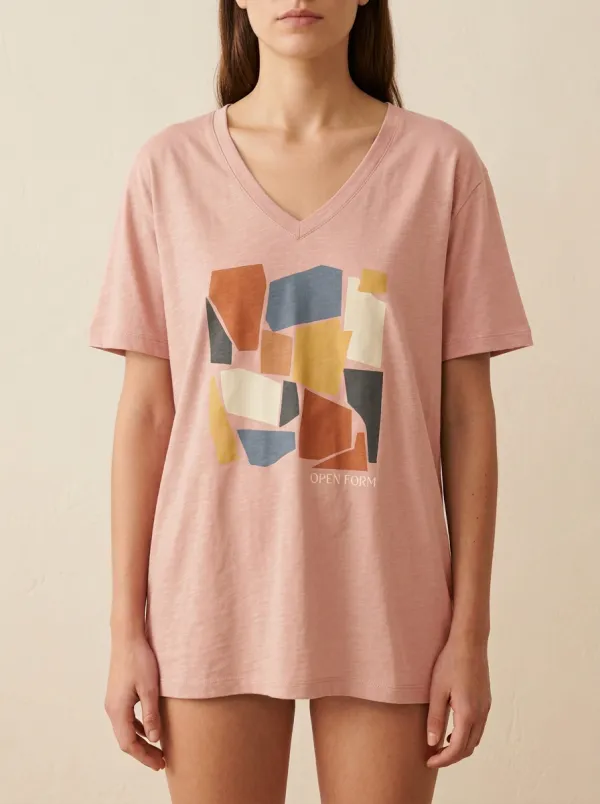 Women's Abstract Geometric Art Open Form Printed V-Neck T-Shirt