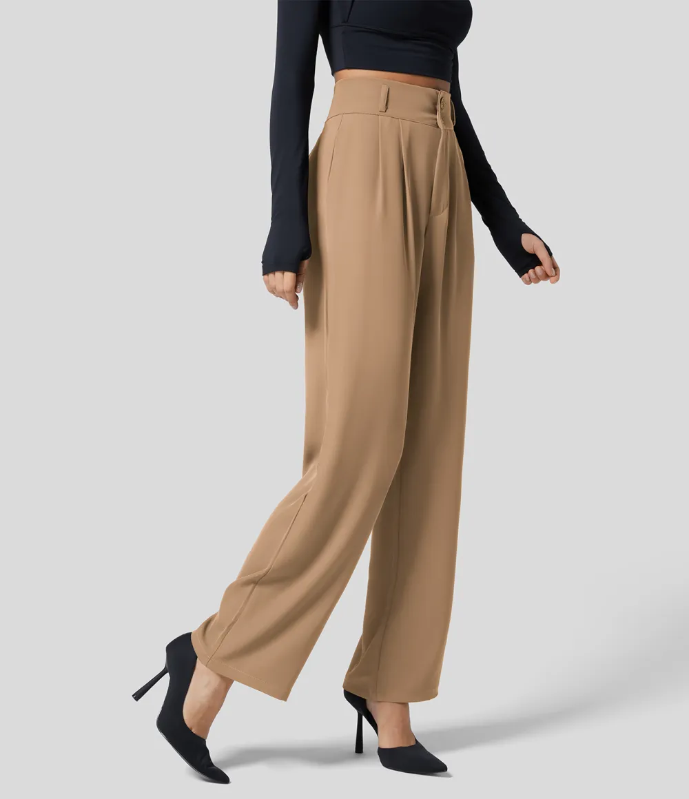 High Waisted Button Zipper Plicated Side Pocket Shirred Straight Leg Work Pants
