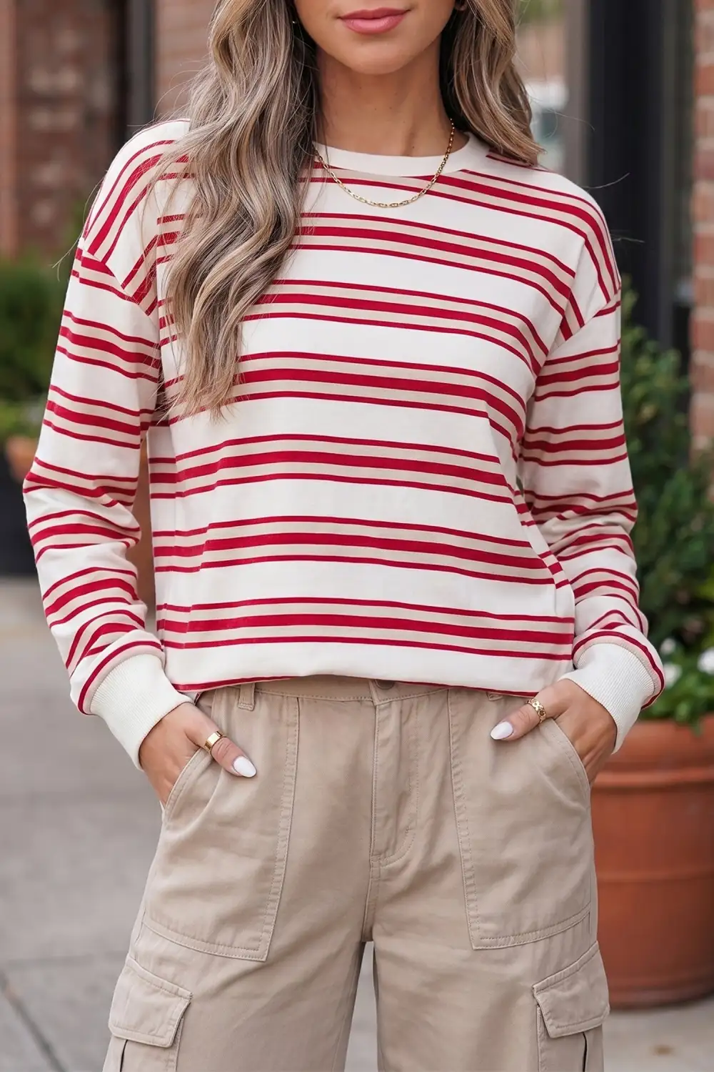 Women's Striped Long Sleeve Drop Shoulder Pullover Top