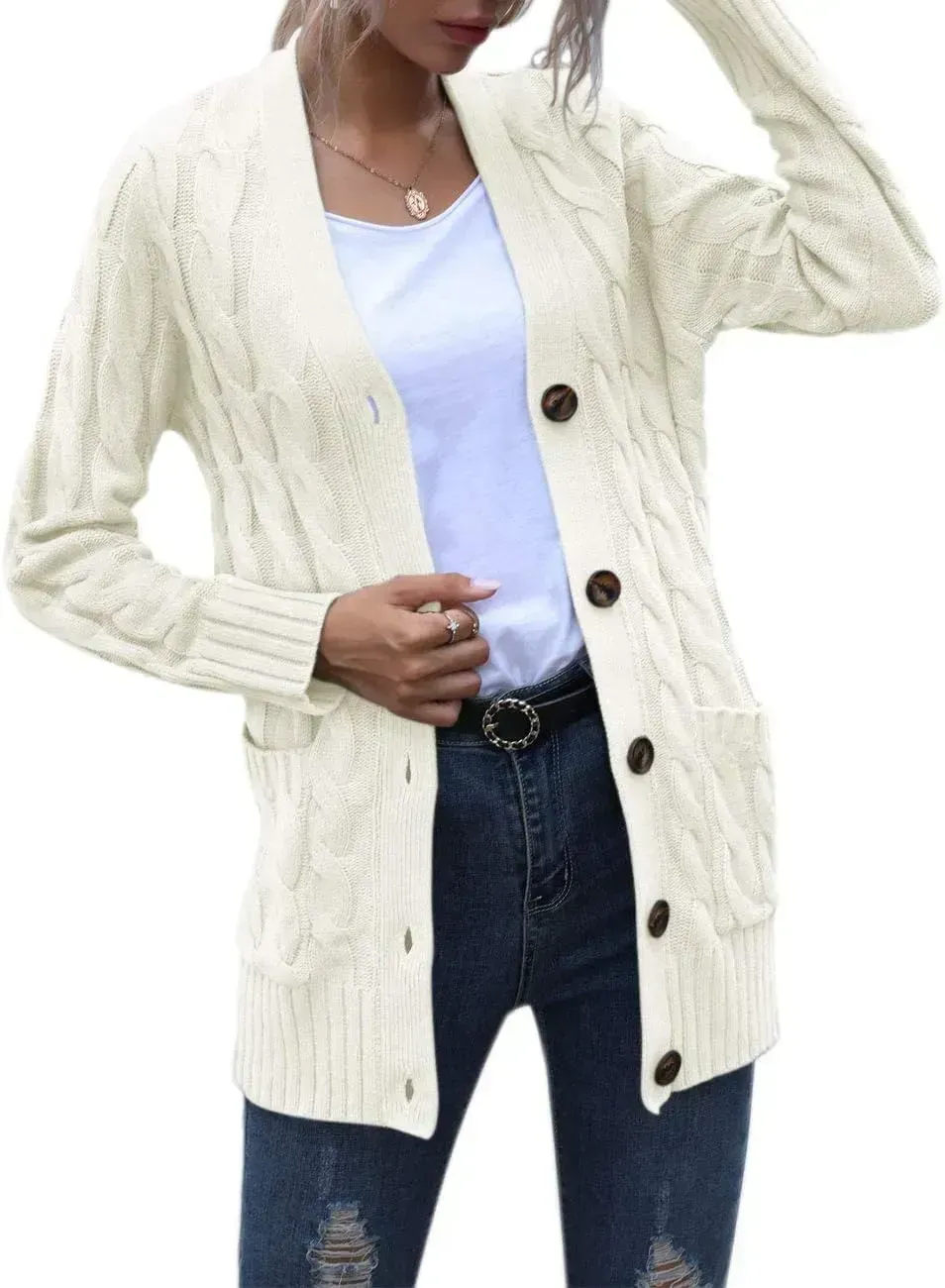 MEROKEETY Women's 2024 Fall Long Sleeve Cable Knit Sweater Open Front Cardigan Button Loose Outerwear
