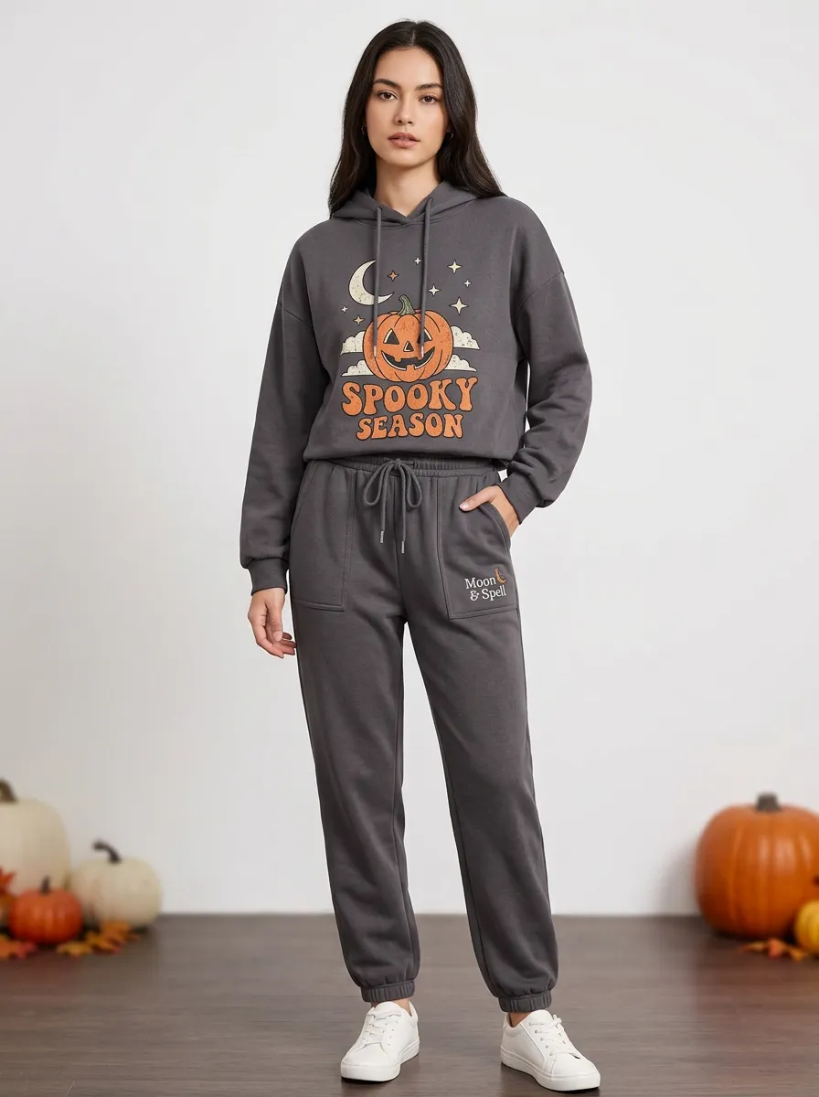 Women's Halloween Spooky Season Pumpkin Moon Printed tracksuit