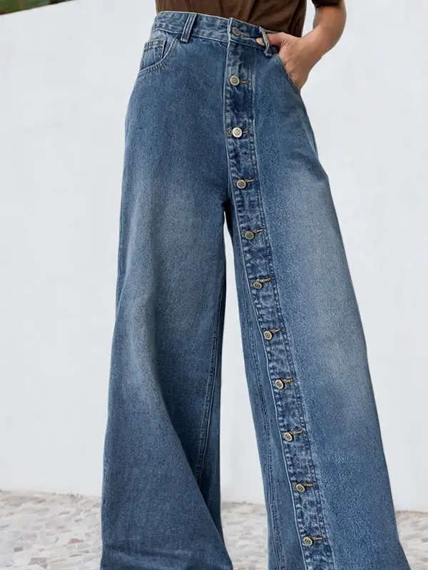 High Waist Relaxed Fit Wide Leg Button Detail Pocket Jeans