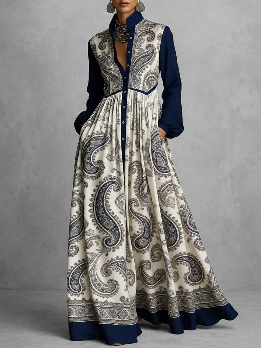 Pleated Printed Buttoned Maxi Dress