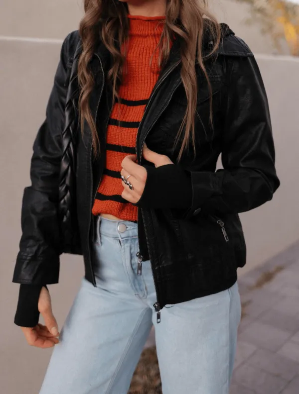 Vegan Leather Hooded Casual Jacket
