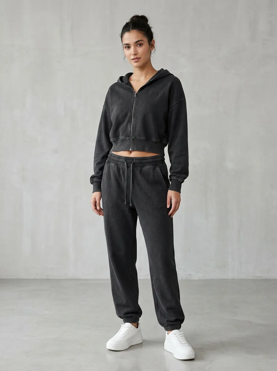 Cropped Vintage-Wash Women's Cropped Zip-Up Hoodie Jogger Active Set
