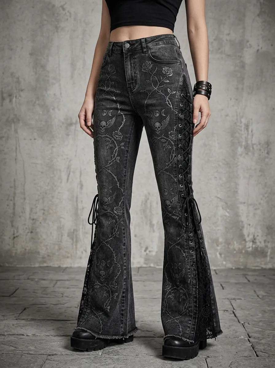 Alternative Skull Rose Moon Edit Women's Gothic Flare Jeans