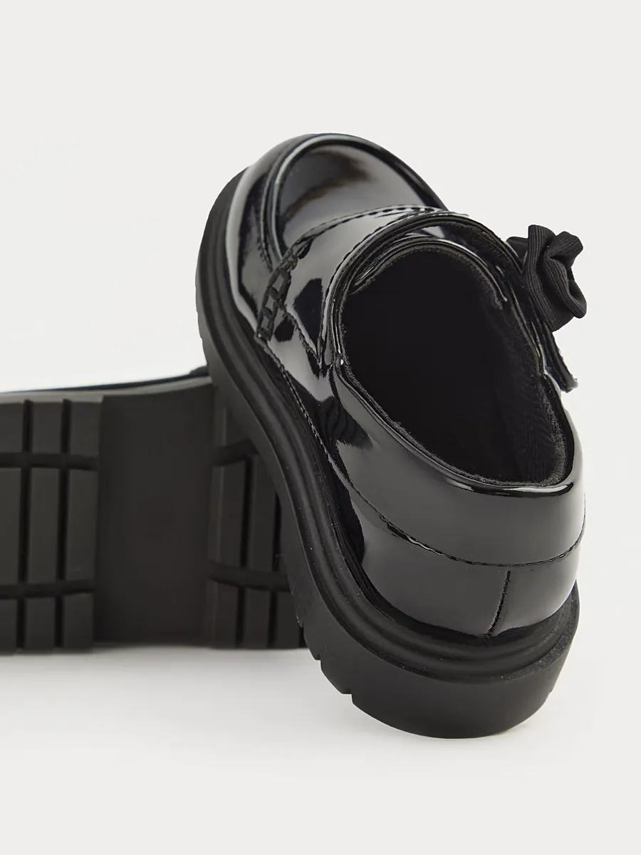 Black Patent Bow Strap Chunky Loafer School Shoes
