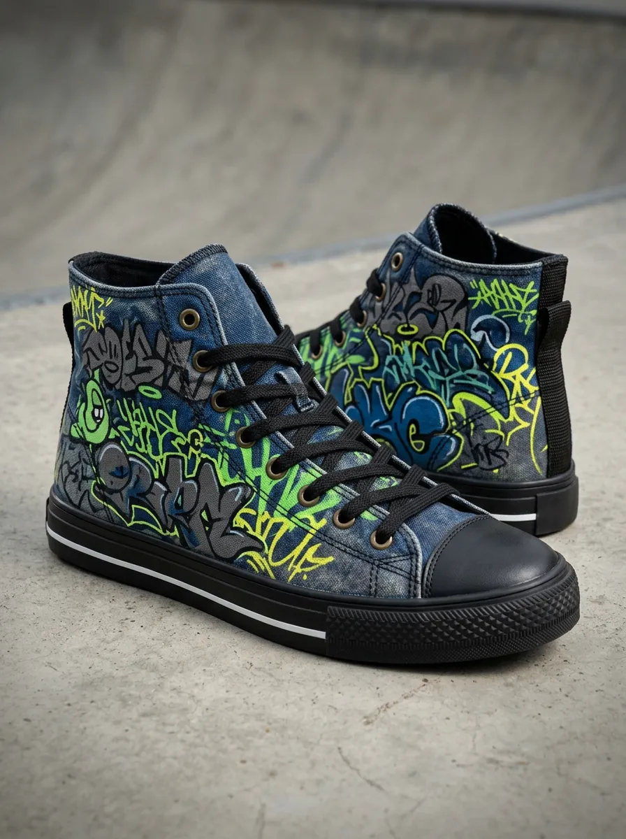 Men's Streetwear Graffiti Art Denim Printed Canvas Shoes