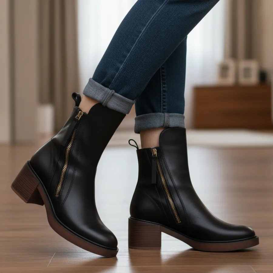 Leather Ankle Boots Side Zip Block Heel