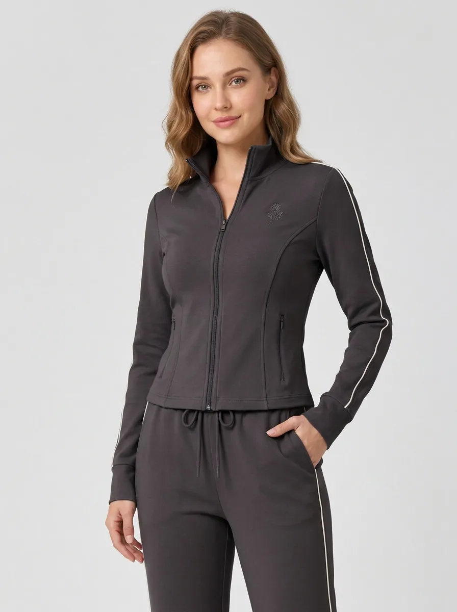 Women's Beige Casual Sporty Striped Zip-up Tracksuit Set