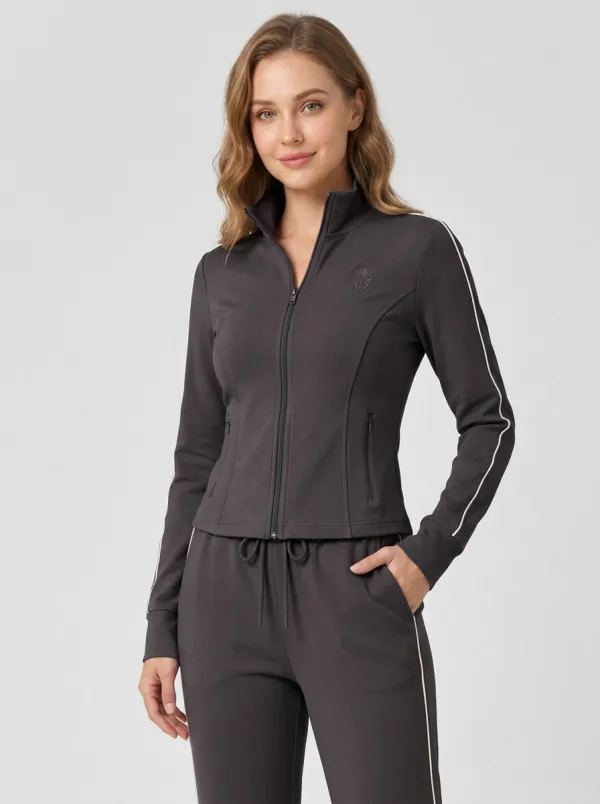 Women's Beige Casual Sporty Striped Zip-up Tracksuit Set