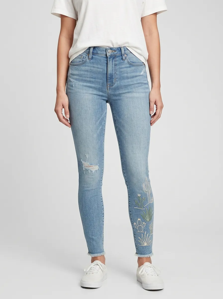 Women's Willow Desert Lover Cactus Embroidered Printed Slim Jeans