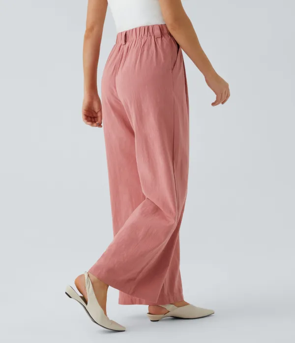High Waisted Plicated Side Pocket Wide Leg Flowy Solid Palazzo Casual Linen-Feel Pants