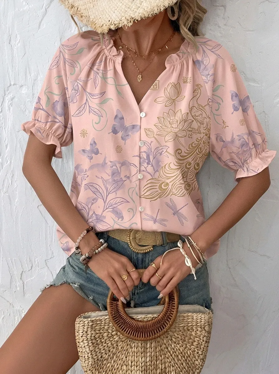 Women's Vintage Floral Peacock Butterfly Printed Button-up Blouse