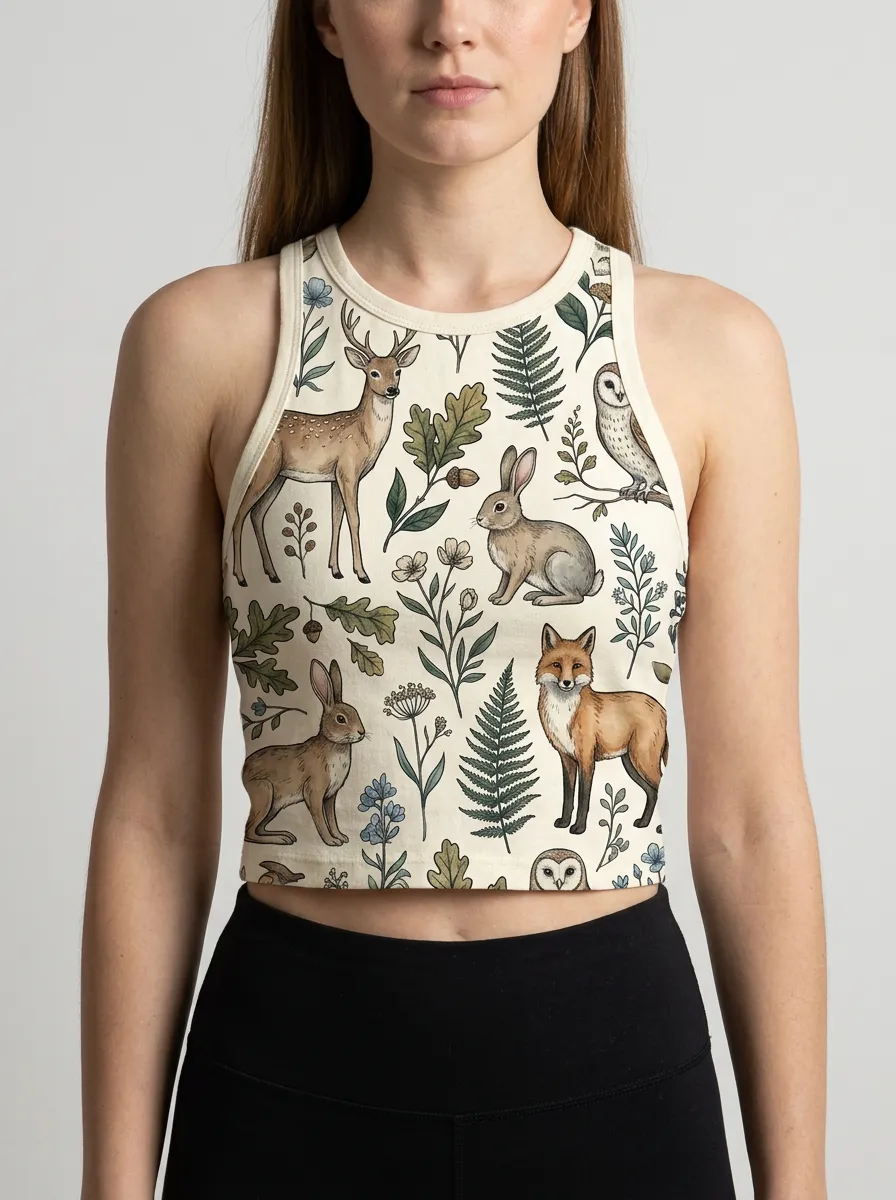 Women's Nature Woodland Animal Graphic Ribbed Crop Tank Top