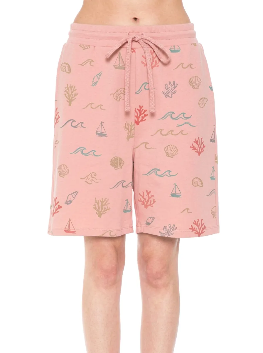 Women's Nautical Coastal Seashell Coral Sailboat Graphic Shorts