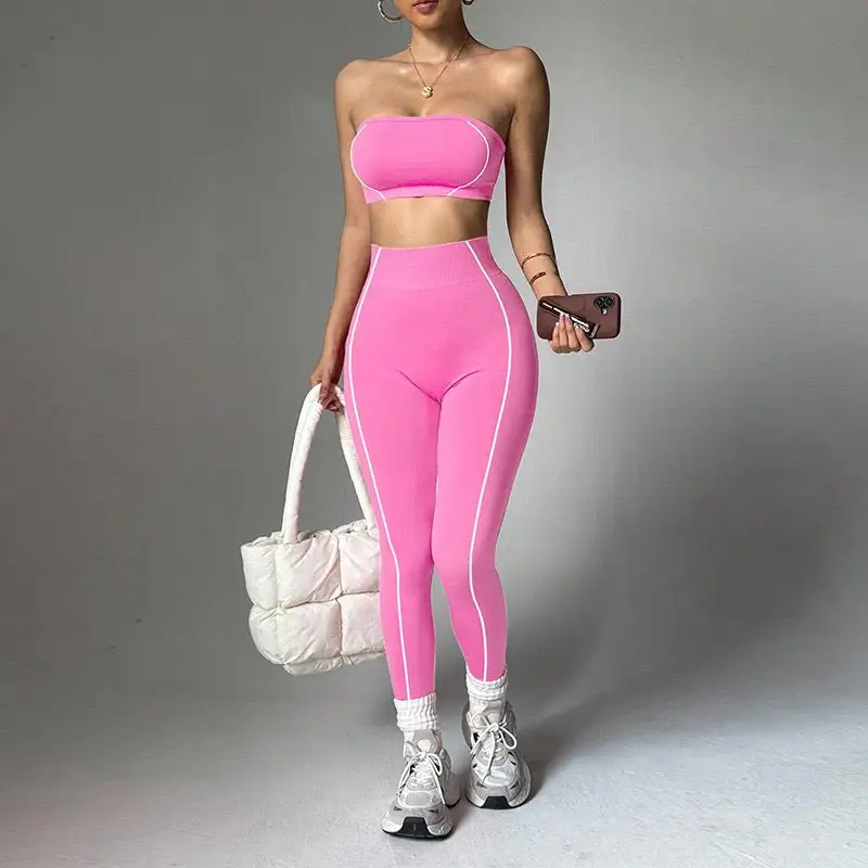 Strapless Bandeau Crop Top and High-Waisted Leggings Activewear Set