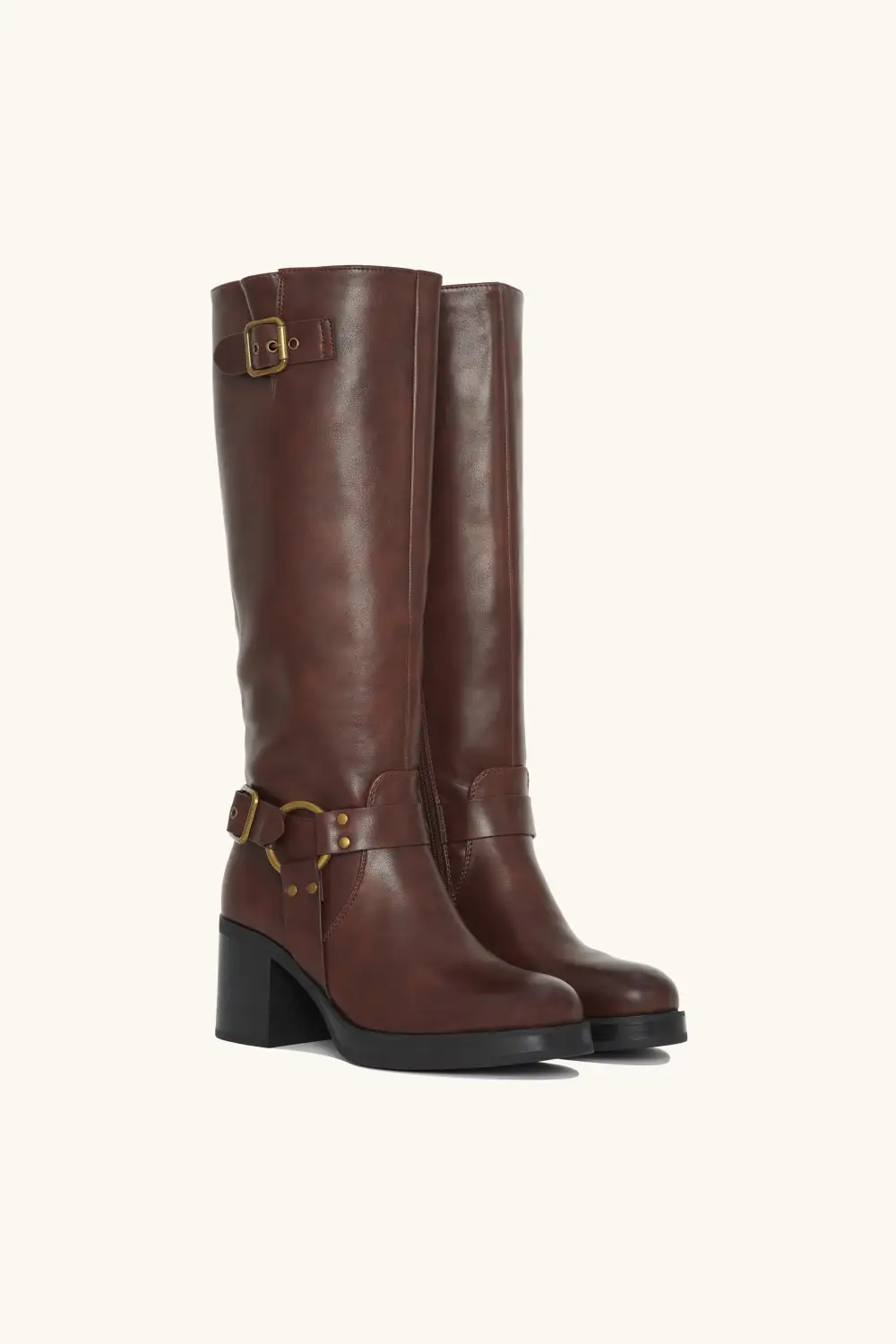 Structured Buckle Block Heel Boots