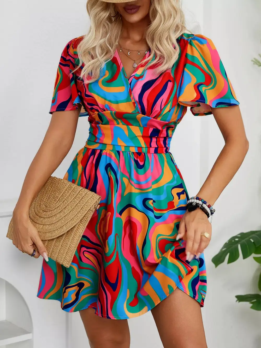Soft Touch Printed Short Sleeve Mini Dress