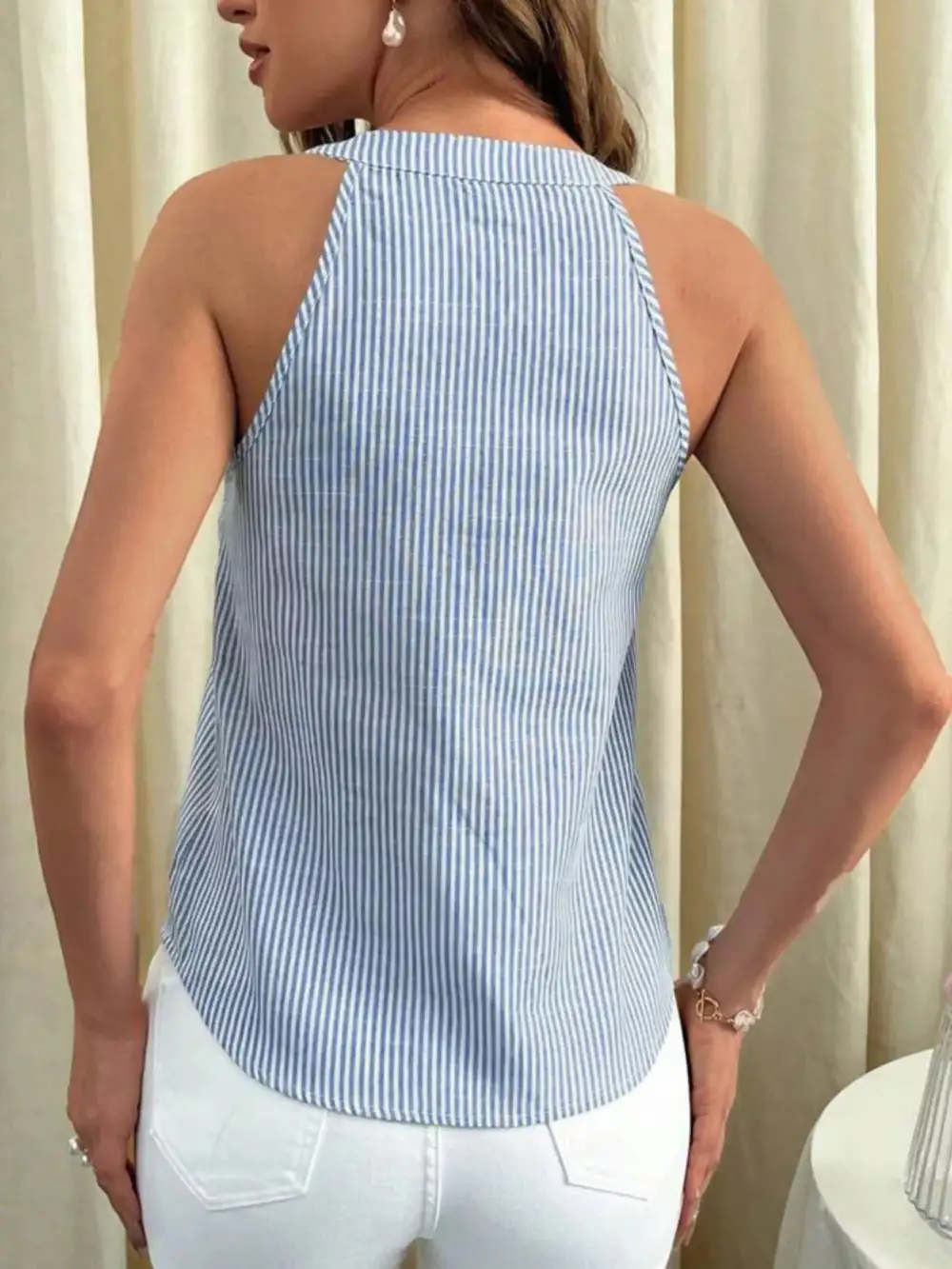Button-Front Buttoned Striped Tank Top