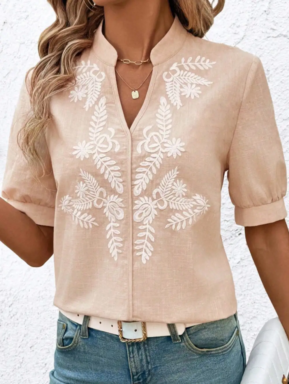 Everyday V Neck Embroidered Blouse
