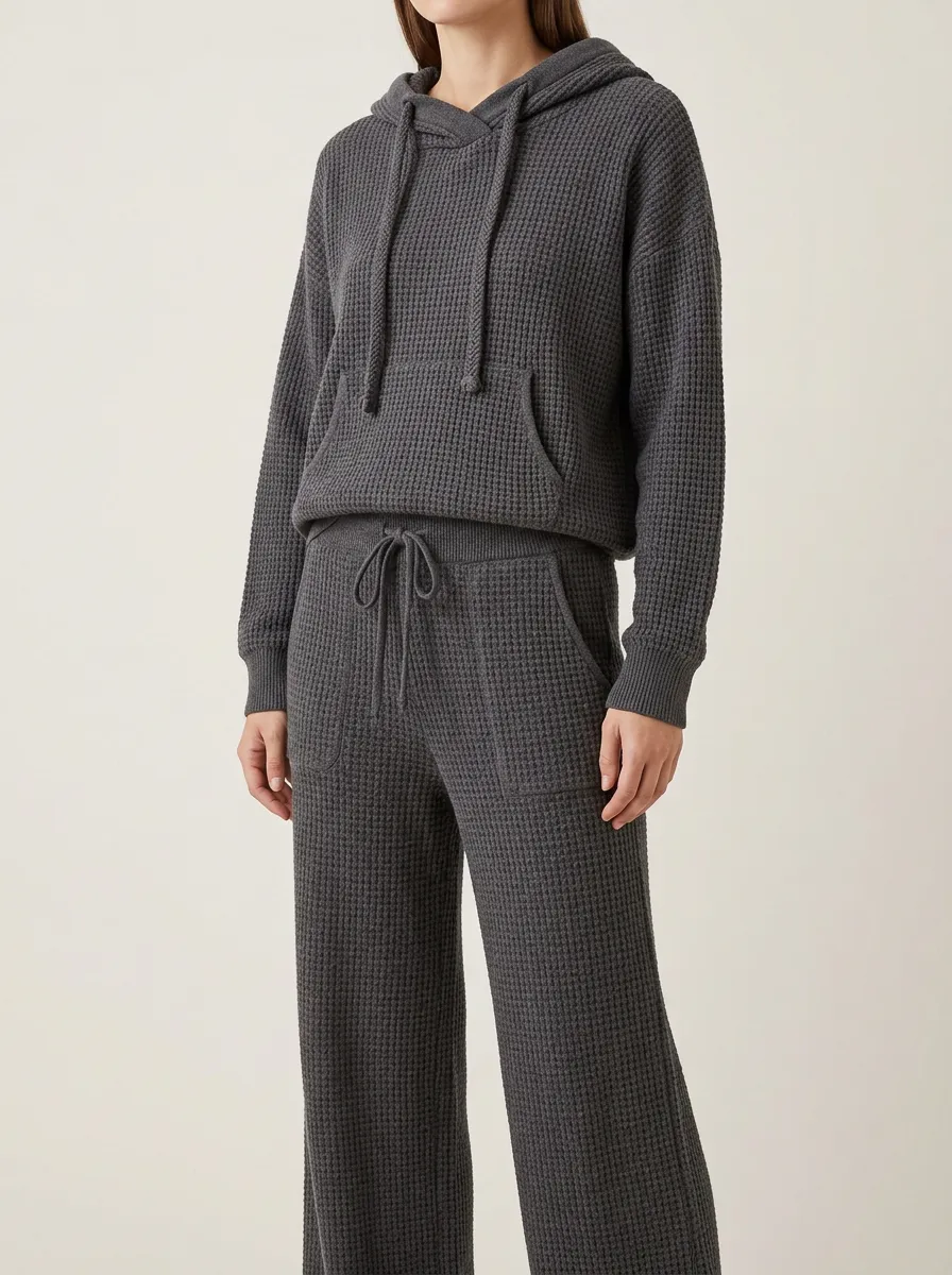 Unisex Waffle Knit Charcoal Grey Solid Pullover Hoodie