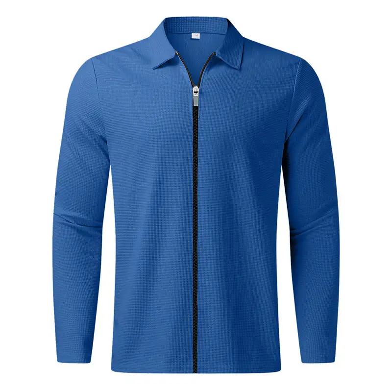 Waffle Texture Long Sleeve Fine Knit Polo Shirt