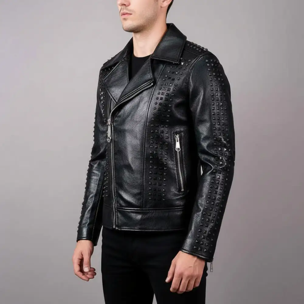 Textured Leather Biker Motorcycle Studded Jacket