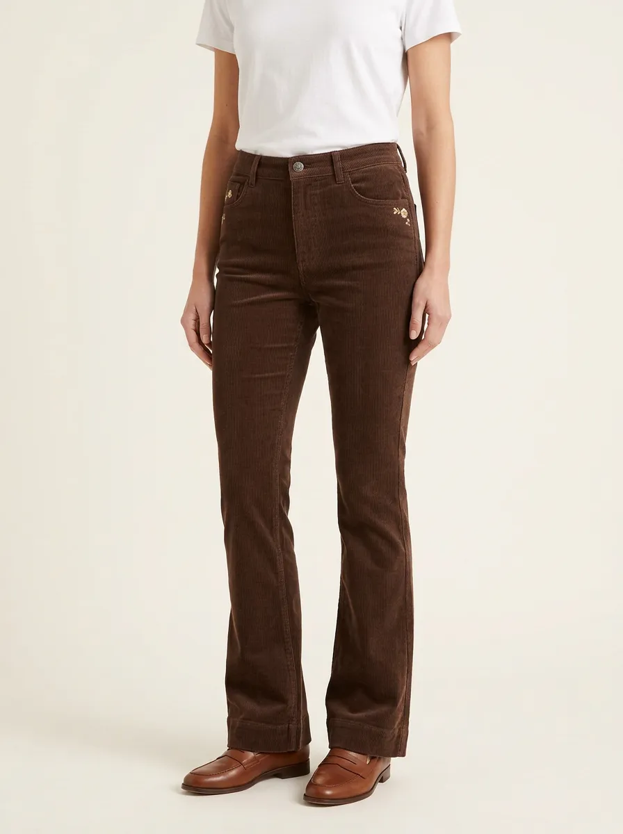 Women's Floral Embroidered Five-Pocket Flare Corduroy Pants