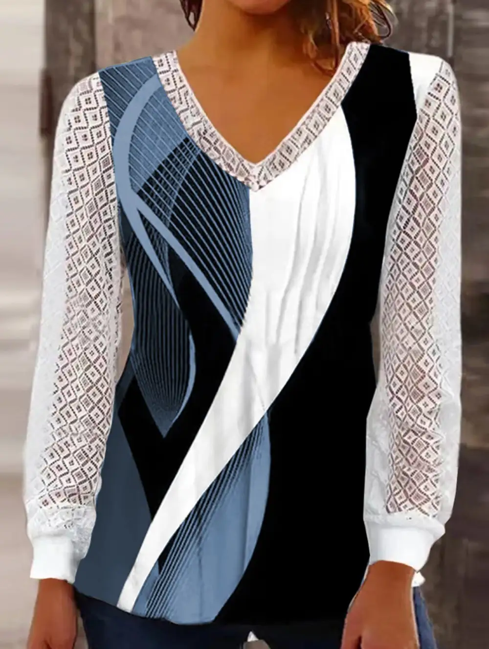 V-Neck Loose Printed Hollow Lace Top