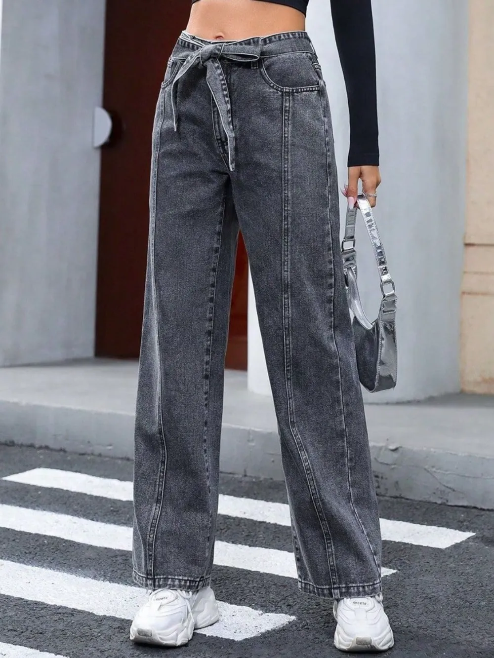 Tied Straight Leg Pocket Detail Denim Jeans