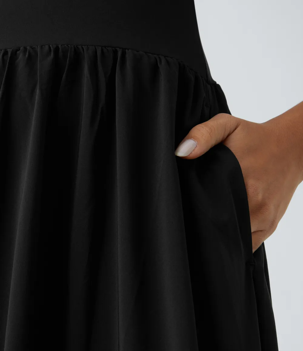 Breezeful Backless Side Pocket Plicated Flowy Flare Maxi Quick Dry Casual Slip Dress