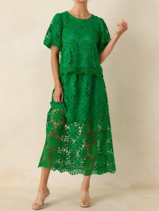 Green Floral Lace Maxi Skirt