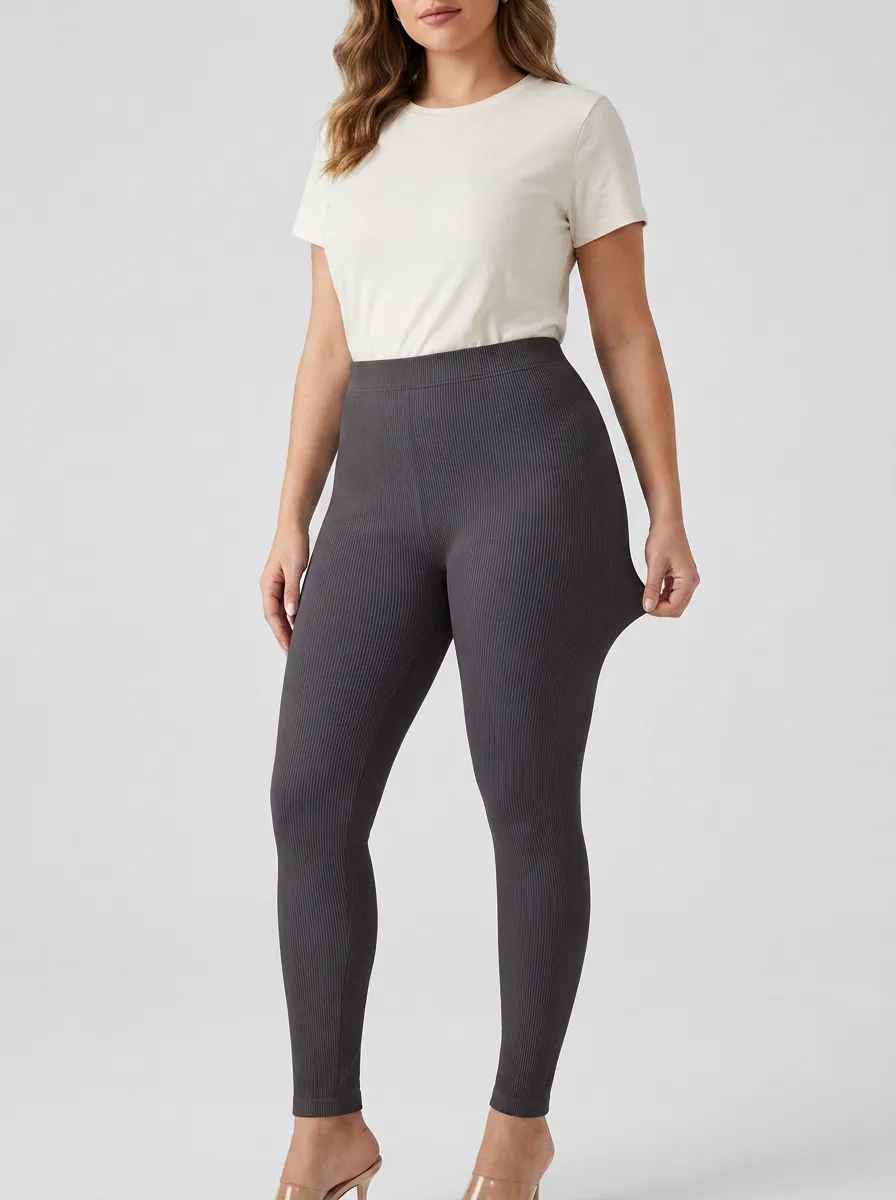 Mid-Rise Ribbed Casual Women's Stretch Mid-Rise Pants