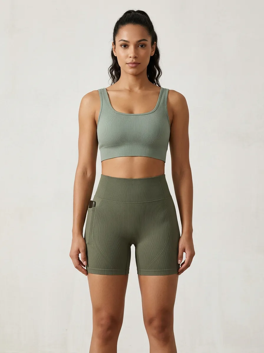 Weekend Ribbed Texture Seamless Design Casual Look Women's Tank Top And Sports Shorts Set