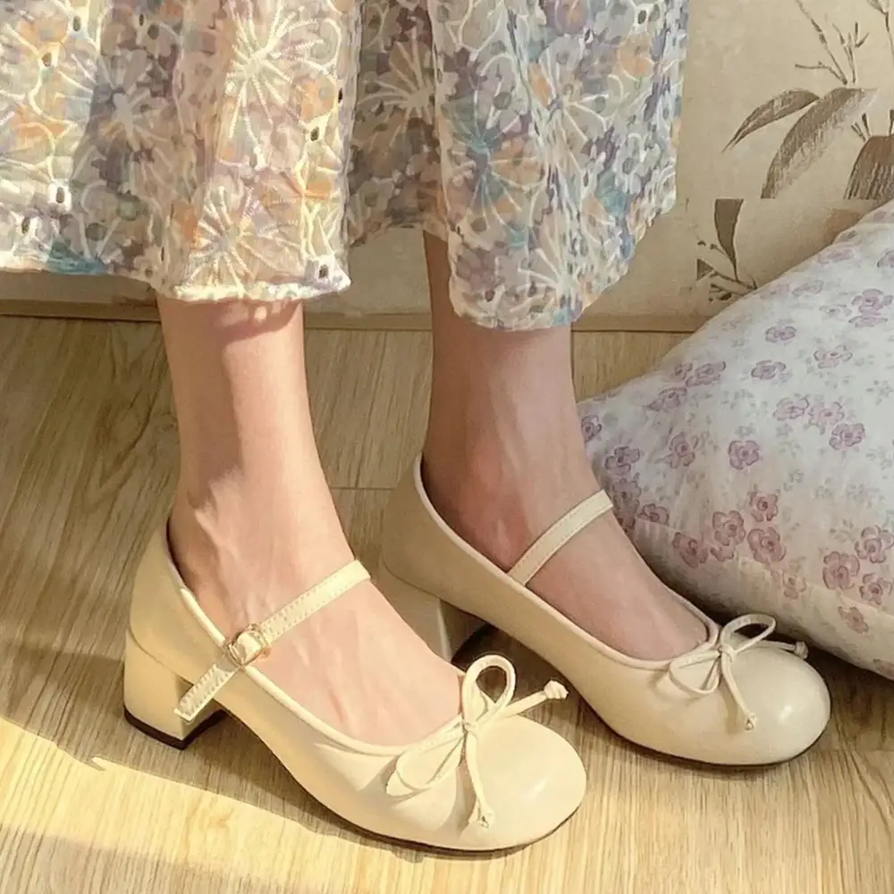 Bow-Detail Mary-Jane Round-Toe Flats