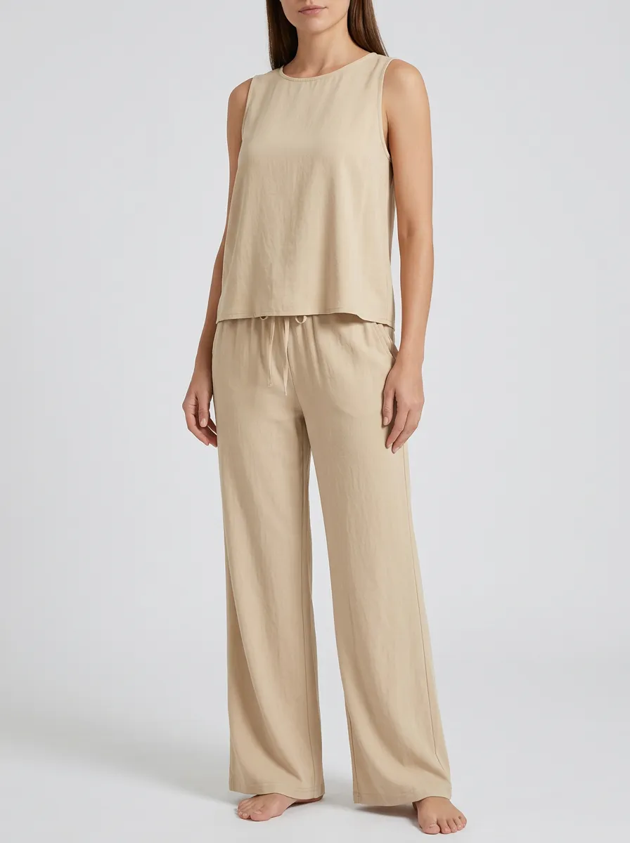Women's Sleeveless Tank And Drawstring Wide-Leg Trouser Two-Piece Set
