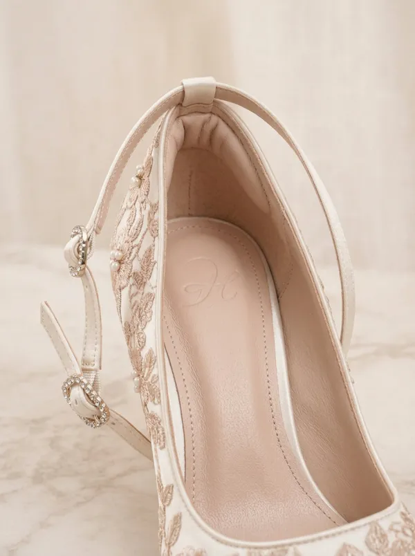 Rhinestone Pearl Floral Embroidered Women's Formal High Heels