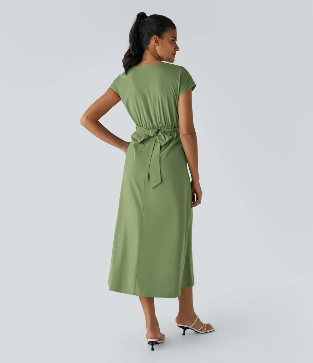 Breezeful V Neck Short Sleeve Side Pocket Tie Back Quick Dry Midi Casual Dress