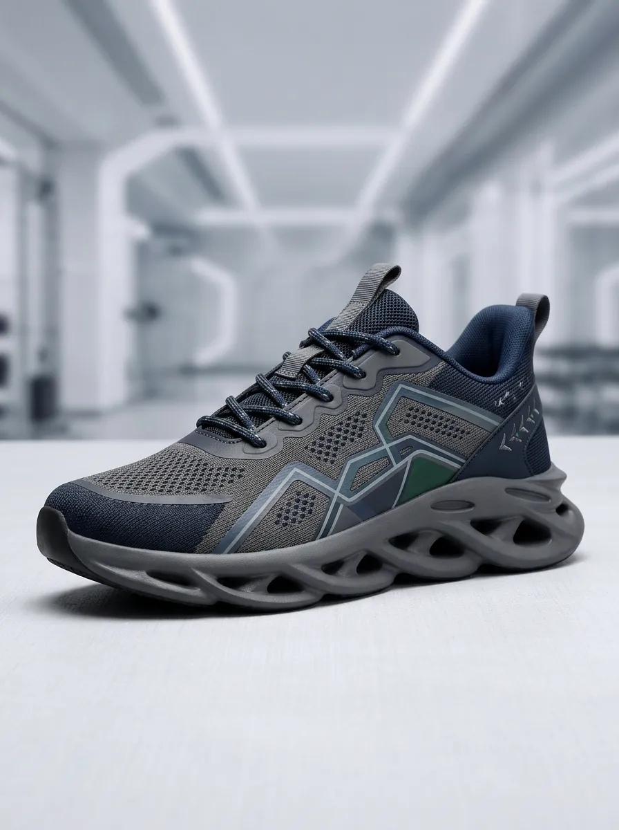 Men's Grey and Navy Geometric Panel Sneakers