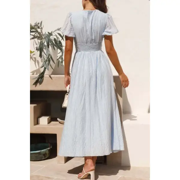 V-Neck Puff Short Sleeve Midi Dress