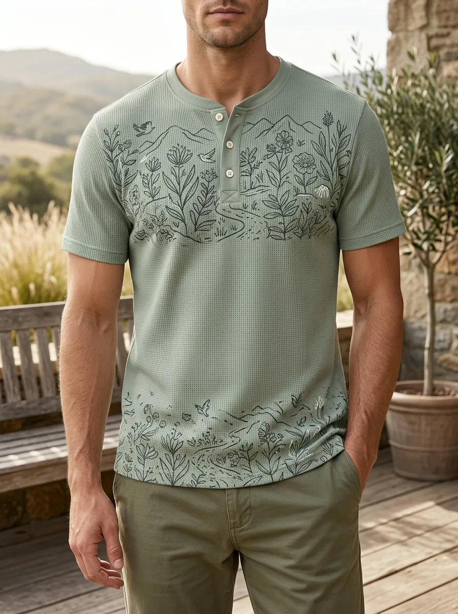 Men's Nature Lover Mountain Floral Line Art Printed Henley T-shirt