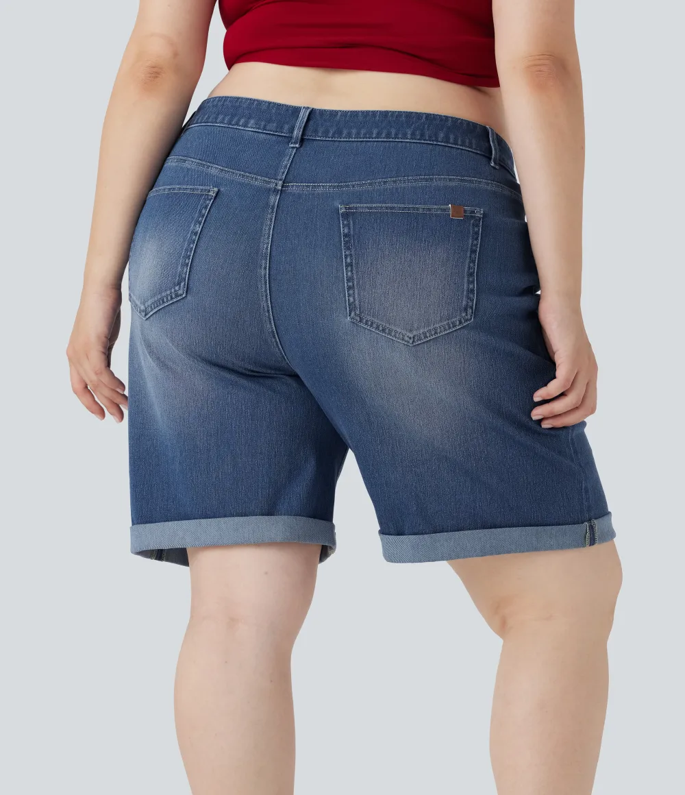  High Waisted Multiple Pockets Rolled Hem Washed Stretchy Knit Denim Casual Plus Size Bermuda Shorts