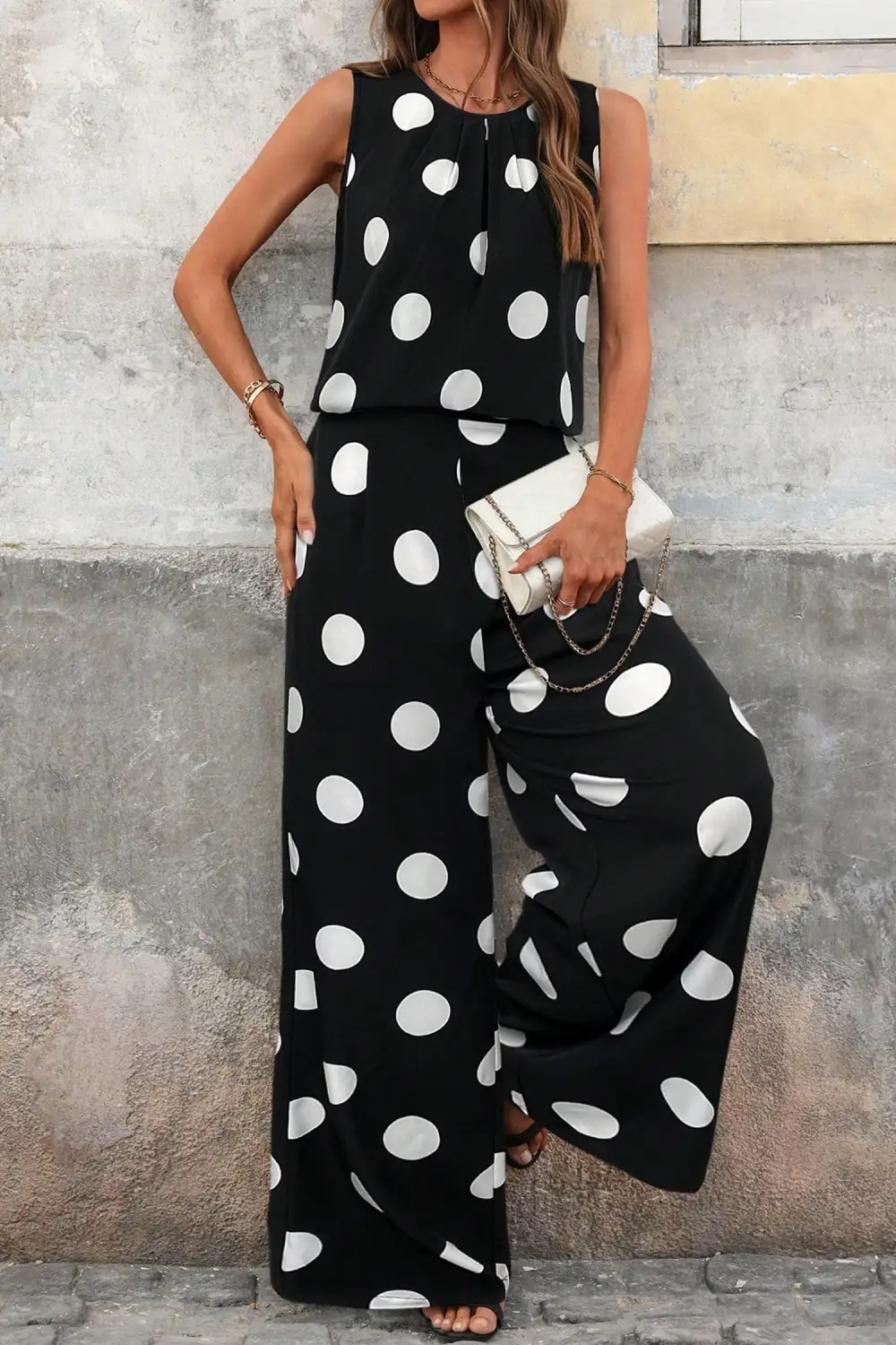 Women's Polka Dot Print Pleated Round Neck Tank Casual Wide Leg Two-piece Outfit