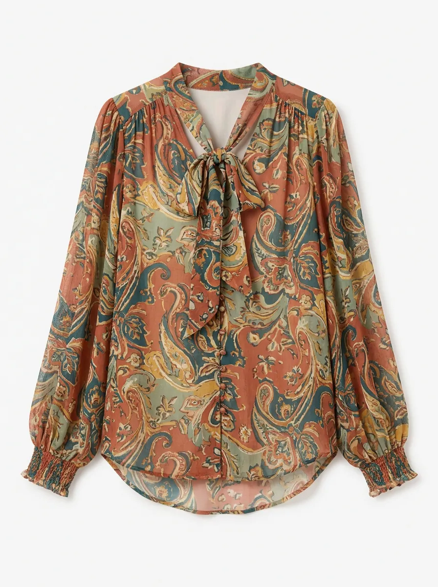 Women's Vintage Paisley Print Bow Tie Neck Printed Blouse