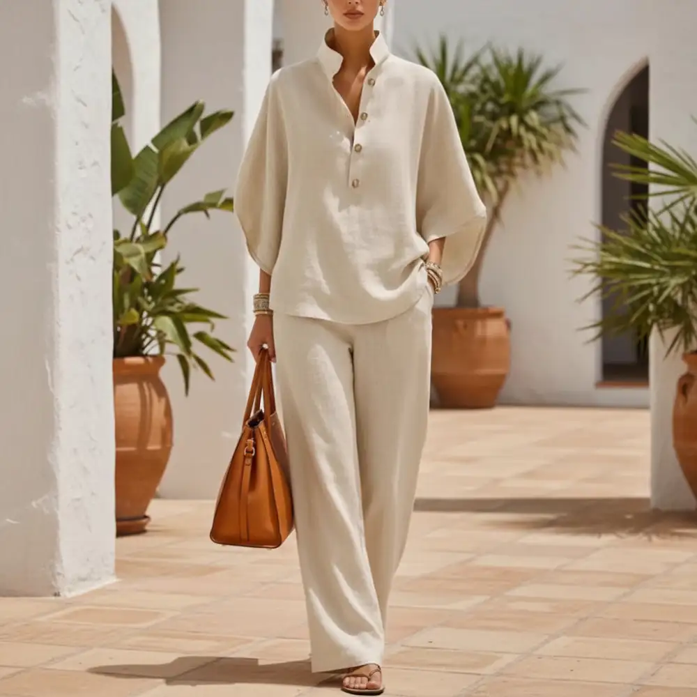 Long-Sleeve Linen Checked Women's Matching Set